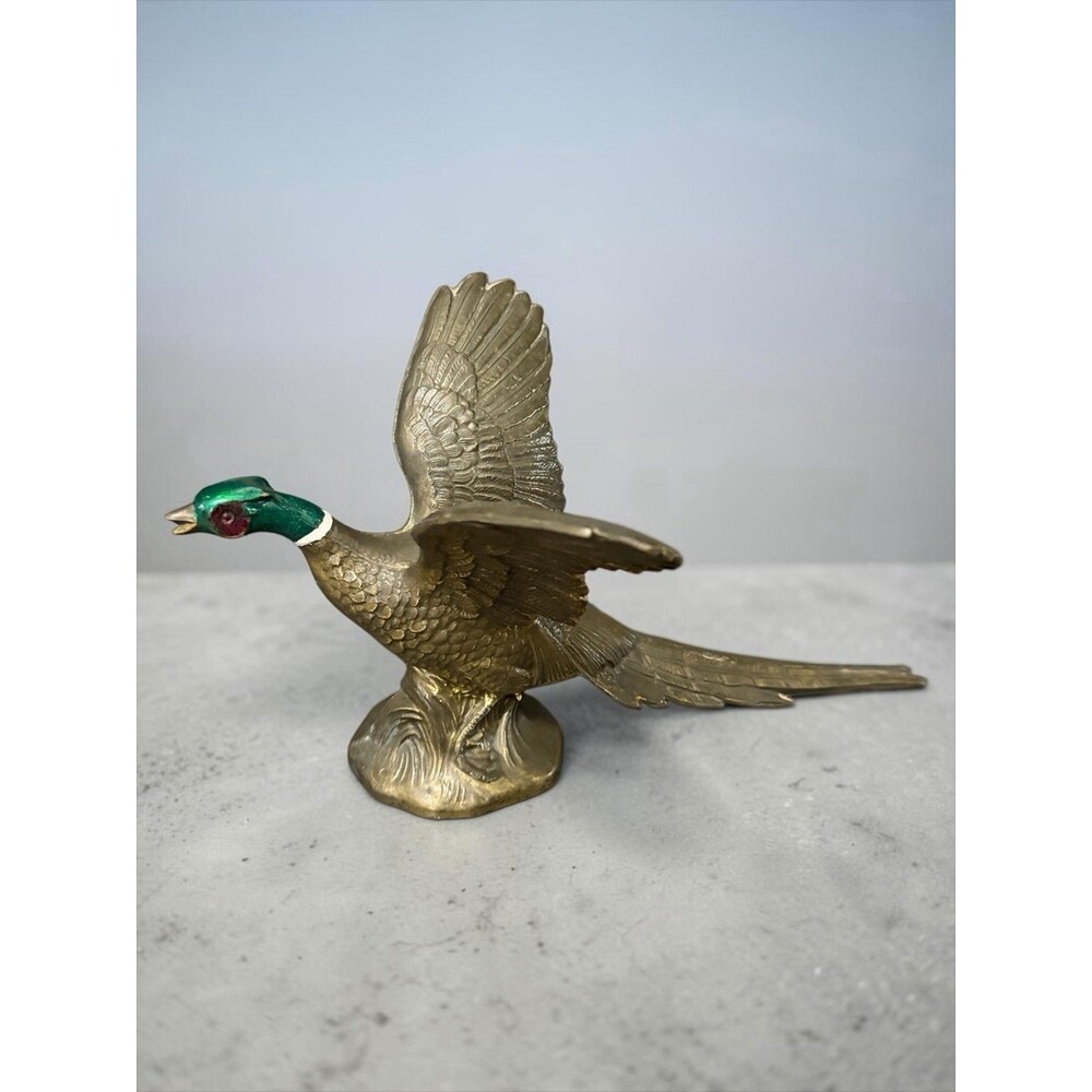 Vtg Lacquered & Painted Cast Brass Pheasant Figurine In Flight Statue MCM Decor